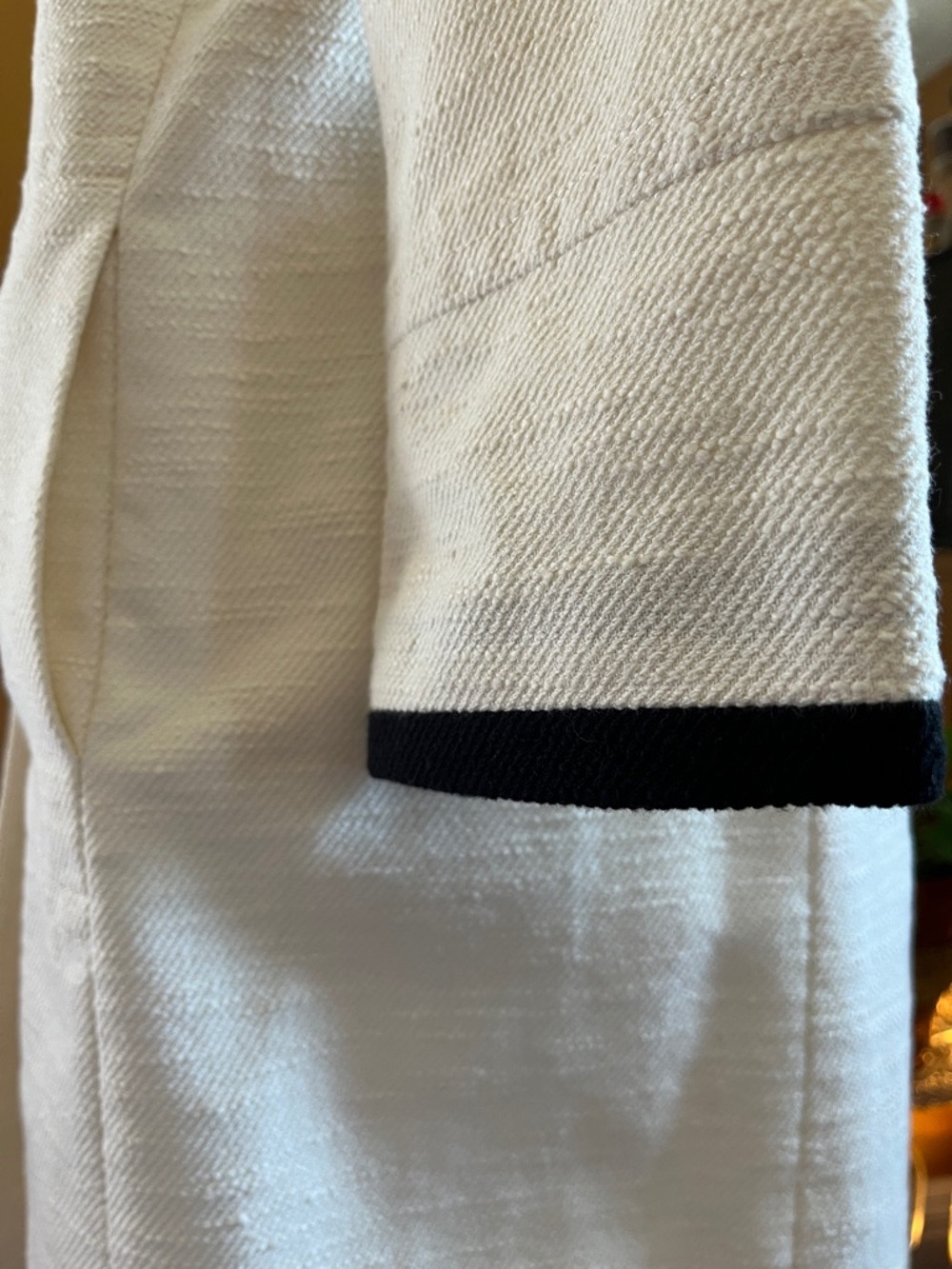 Talbots collarless textured Ivory Coat/Duster w/ Black Trim & pockets Size 14 - Picture 12 of 17